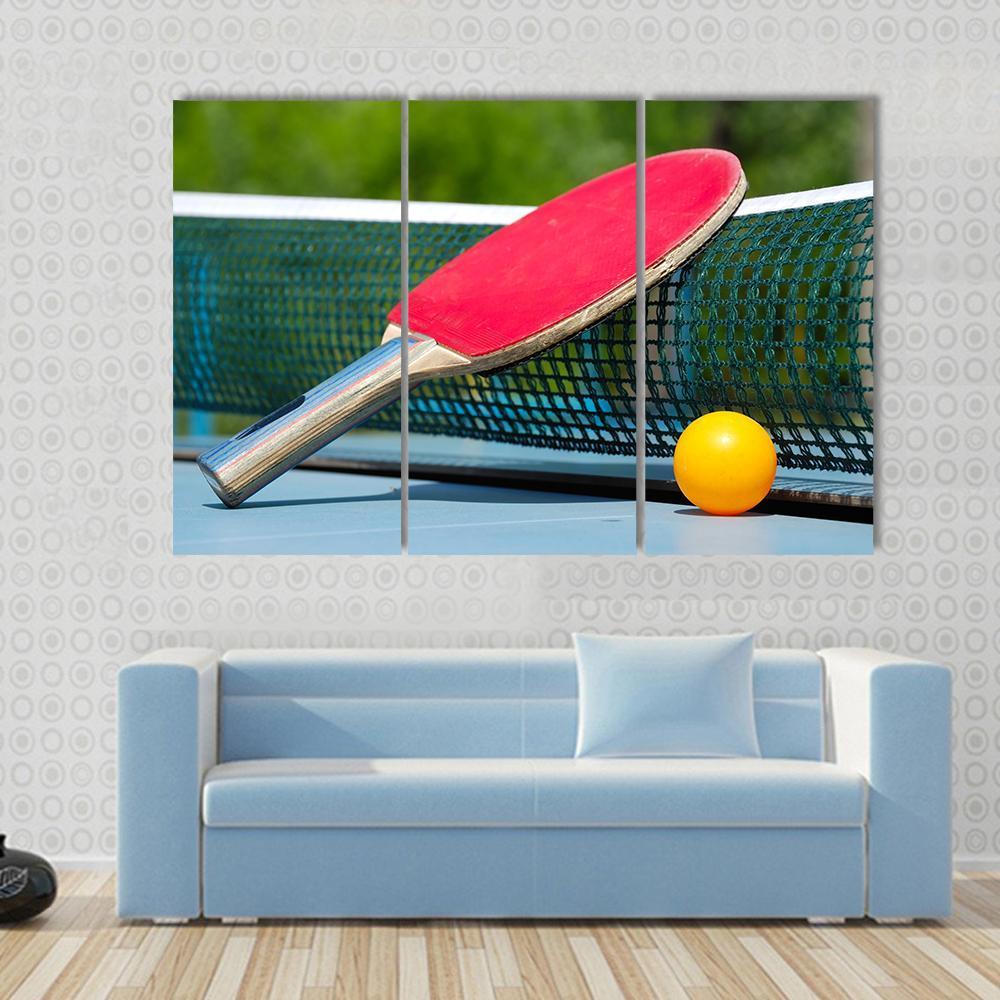 Table Tennis Racket And Ball On Net Canvas Wall Art-3 Horizontal-Gallery Wrap-37" x 24"-Tiaracle