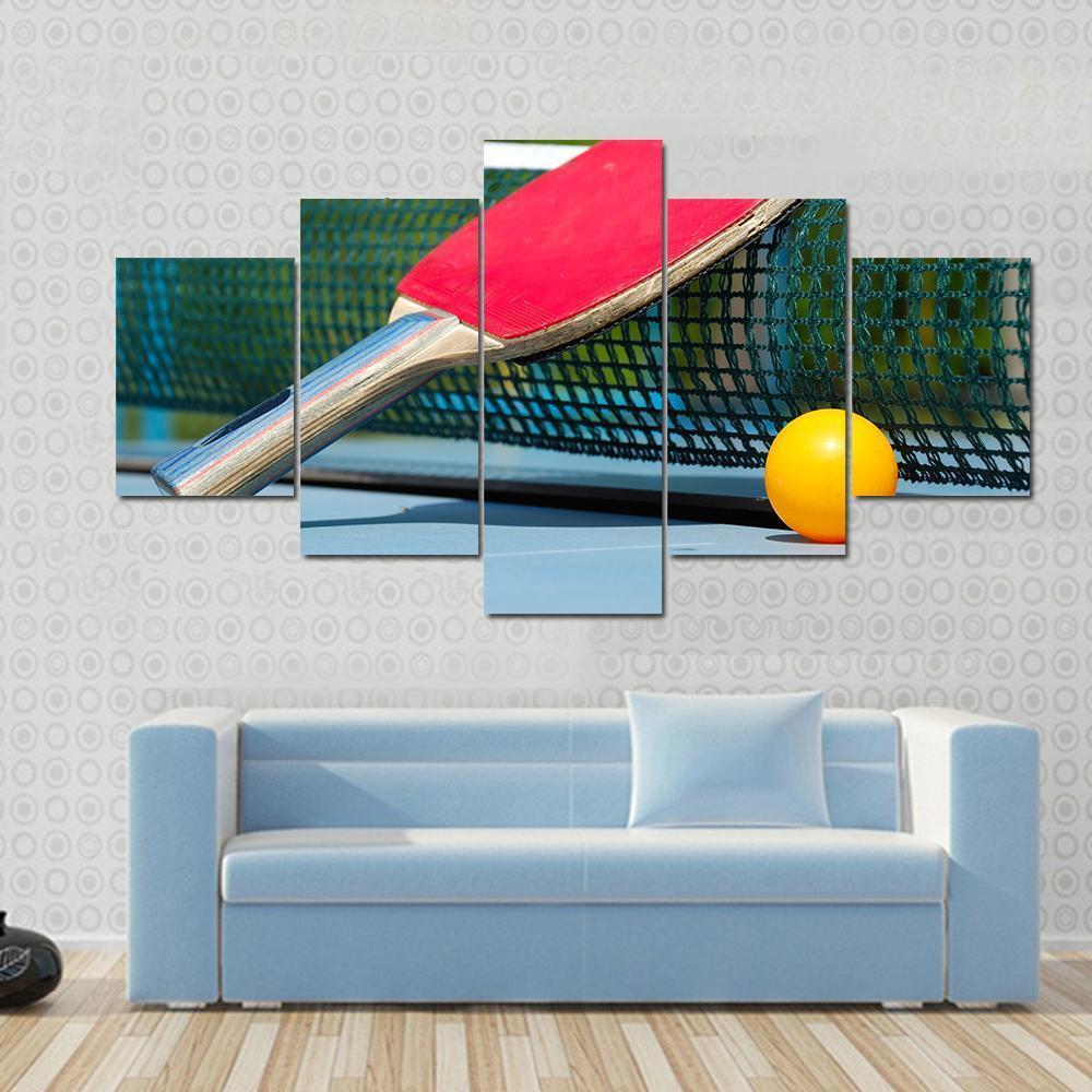 Table Tennis Racket And Ball On Net Canvas Wall Art-5 Star-Gallery Wrap-62" x 32"-Tiaracle