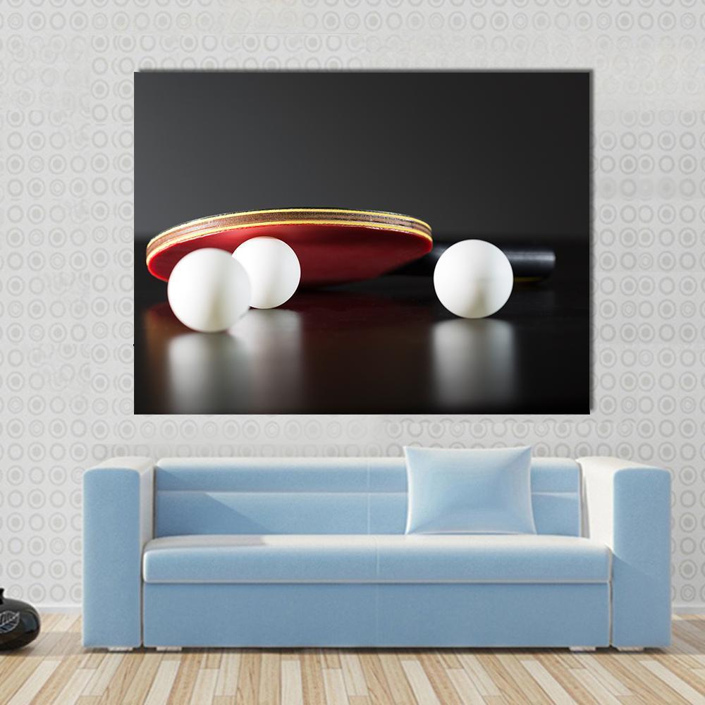 Table Tennis Racket And Balls On Dark Table Canvas Wall Art-1 Piece-Gallery Wrap-48" x 32"-Tiaracle