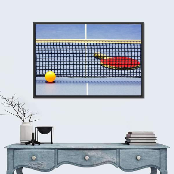 Table Tennis Racket Ball Table With Net Canvas Wall Art-1 Piece-Floating Frame-24" x 16"-Tiaracle