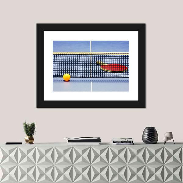 Table Tennis Racket Ball Table With Net Canvas Wall Art-1 Piece-Framed Print-20" x 16"-Tiaracle