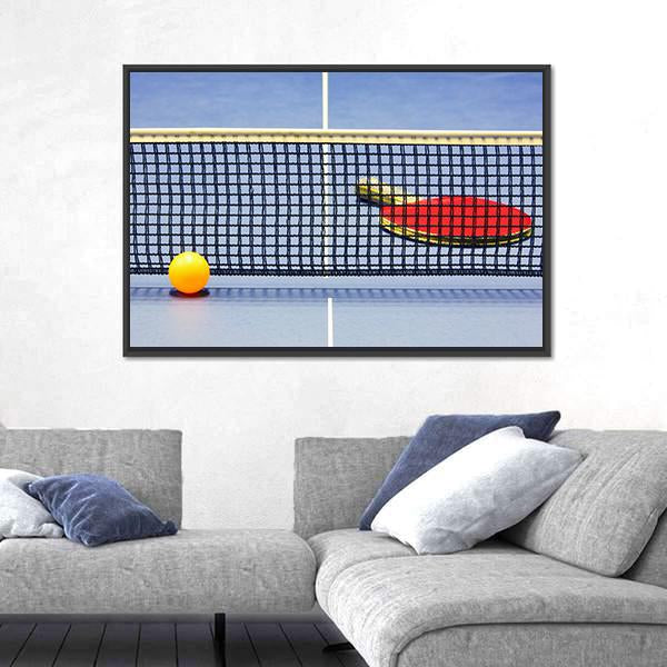 Table Tennis Racket Ball Table With Net Canvas Wall Art-3 Horizontal-Gallery Wrap-25" x 16"-Tiaracle