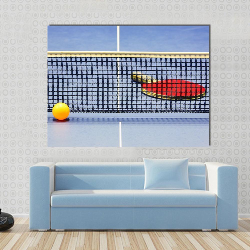 Table Tennis Racket Ball Table With Net Canvas Wall Art-1 Piece-Gallery Wrap-48" x 32"-Tiaracle