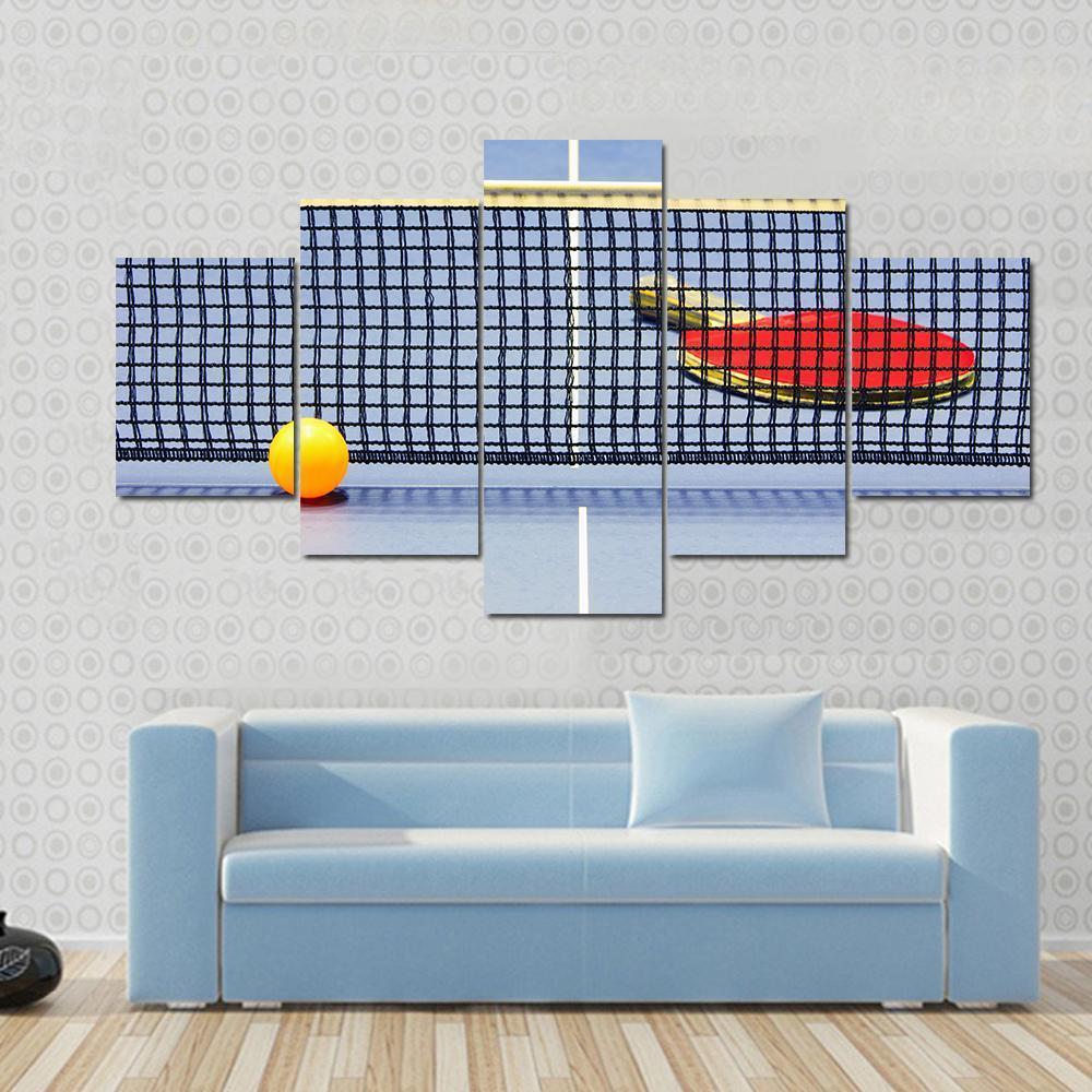 Table Tennis Racket Ball Table With Net Canvas Wall Art-5 Star-Gallery Wrap-62" x 32"-Tiaracle