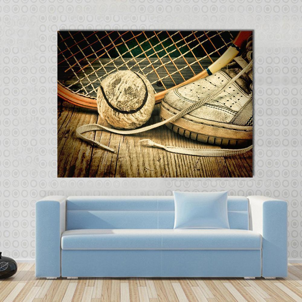 Tennis Ball & Racket With Sneakers Canvas Wall Art-1 Piece-Gallery Wrap-48" x 32"-Tiaracle