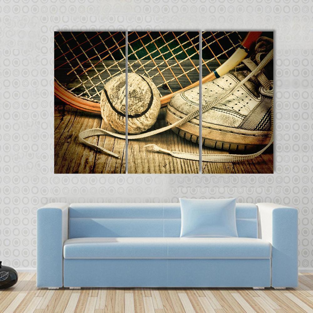 Tennis Ball & Racket With Sneakers Canvas Wall Art-3 Horizontal-Gallery Wrap-37" x 24"-Tiaracle