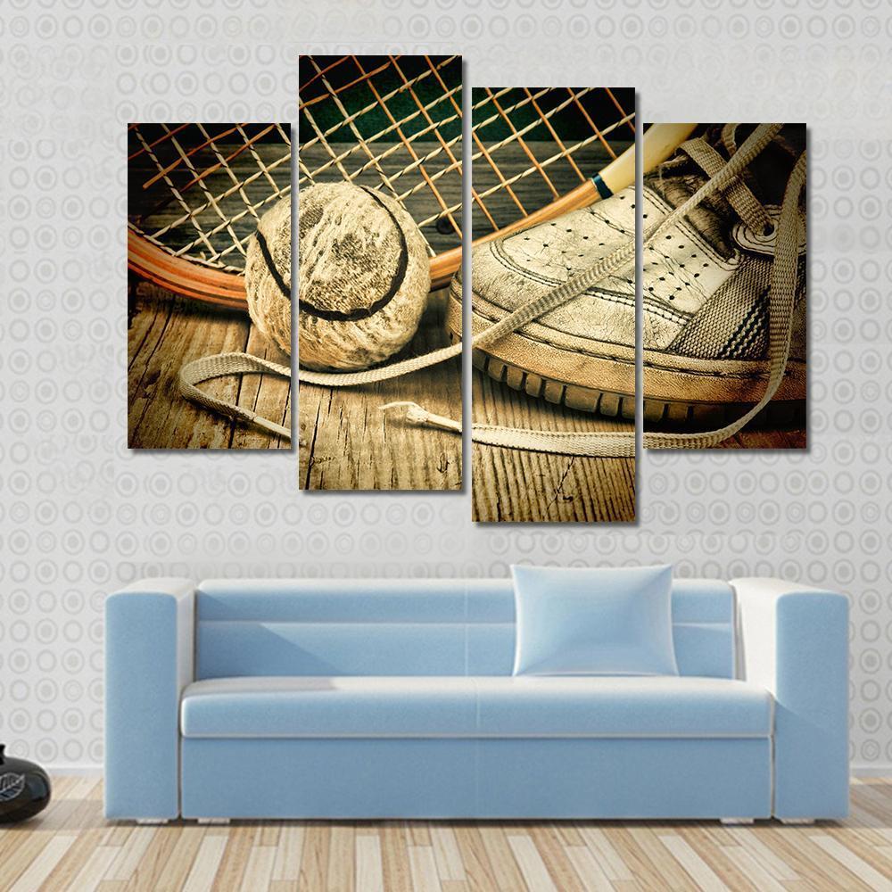 Tennis Ball & Racket With Sneakers Canvas Wall Art-4 Pop-Gallery Wrap-50" x 32"-Tiaracle