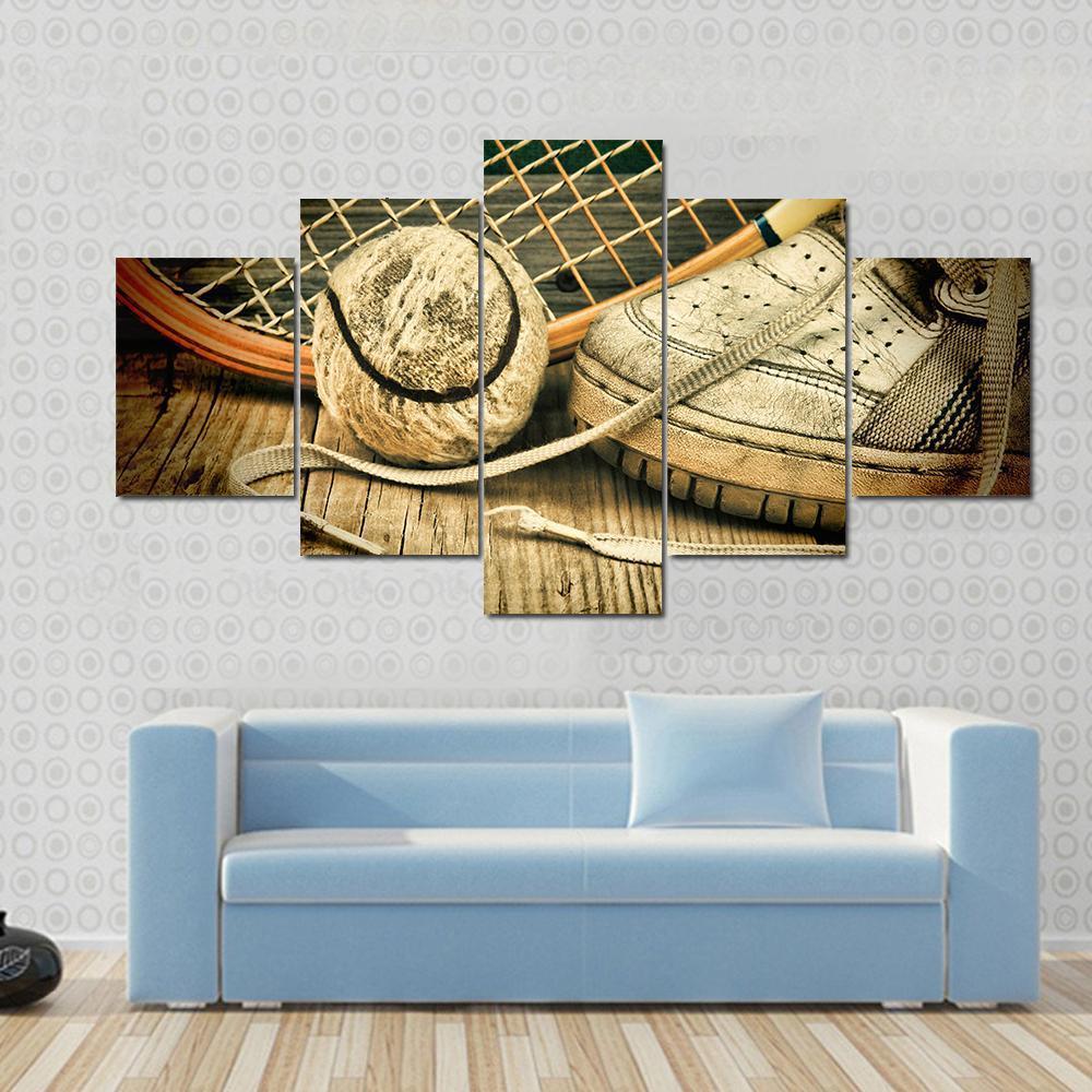 Tennis Ball & Racket With Sneakers Canvas Wall Art-5 Star-Gallery Wrap-62" x 32"-Tiaracle