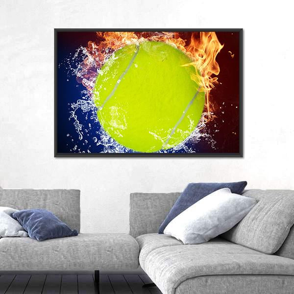 Tennis Ball In Fire Flames And Splashing Water Canvas Wall Art-1 Piece-Floating Frame-24" x 16"-Tiaracle