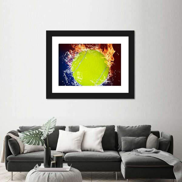 Tennis Ball In Fire Flames And Splashing Water Canvas Wall Art-1 Piece-Framed Print-20" x 16"-Tiaracle