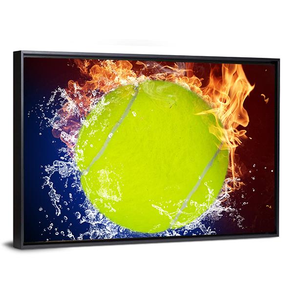 Tennis Ball In Fire Flames And Splashing Water Canvas Wall Art-3 Horizontal-Gallery Wrap-25" x 16"-Tiaracle