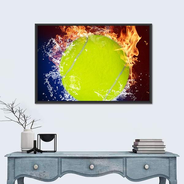 Tennis Ball In Fire Flames And Splashing Water Canvas Wall Art-3 Horizontal-Gallery Wrap-25" x 16"-Tiaracle