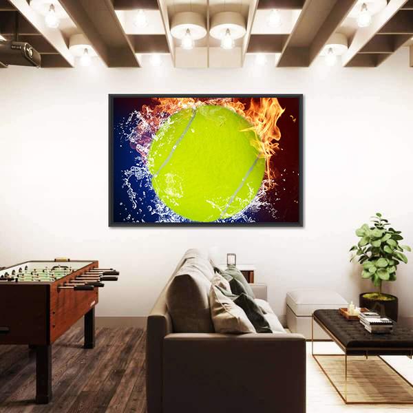 Tennis Ball In Fire Flames And Splashing Water Canvas Wall Art-3 Horizontal-Gallery Wrap-25" x 16"-Tiaracle