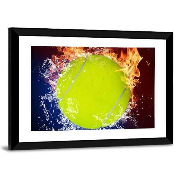 Tennis Ball In Fire Flames And Splashing Water Canvas Wall Art-3 Horizontal-Gallery Wrap-25" x 16"-Tiaracle