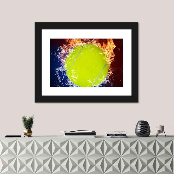 Tennis Ball In Fire Flames And Splashing Water Canvas Wall Art-3 Horizontal-Gallery Wrap-25" x 16"-Tiaracle