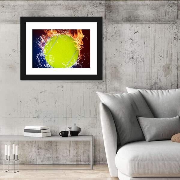 Tennis Ball In Fire Flames And Splashing Water Canvas Wall Art-3 Horizontal-Gallery Wrap-25" x 16"-Tiaracle