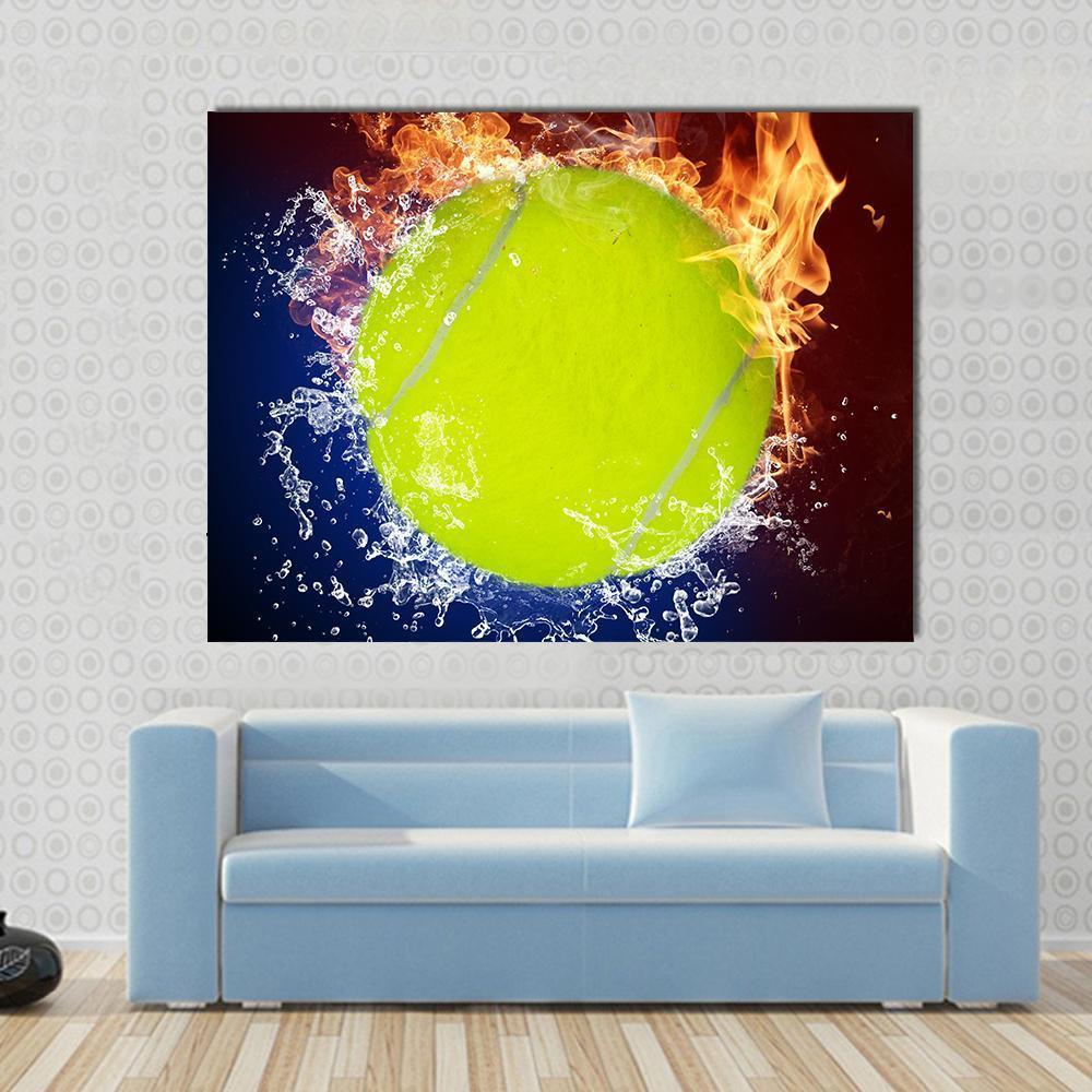 Tennis Ball In Fire Flames And Splashing Water Canvas Wall Art-1 Piece-Gallery Wrap-48" x 32"-Tiaracle