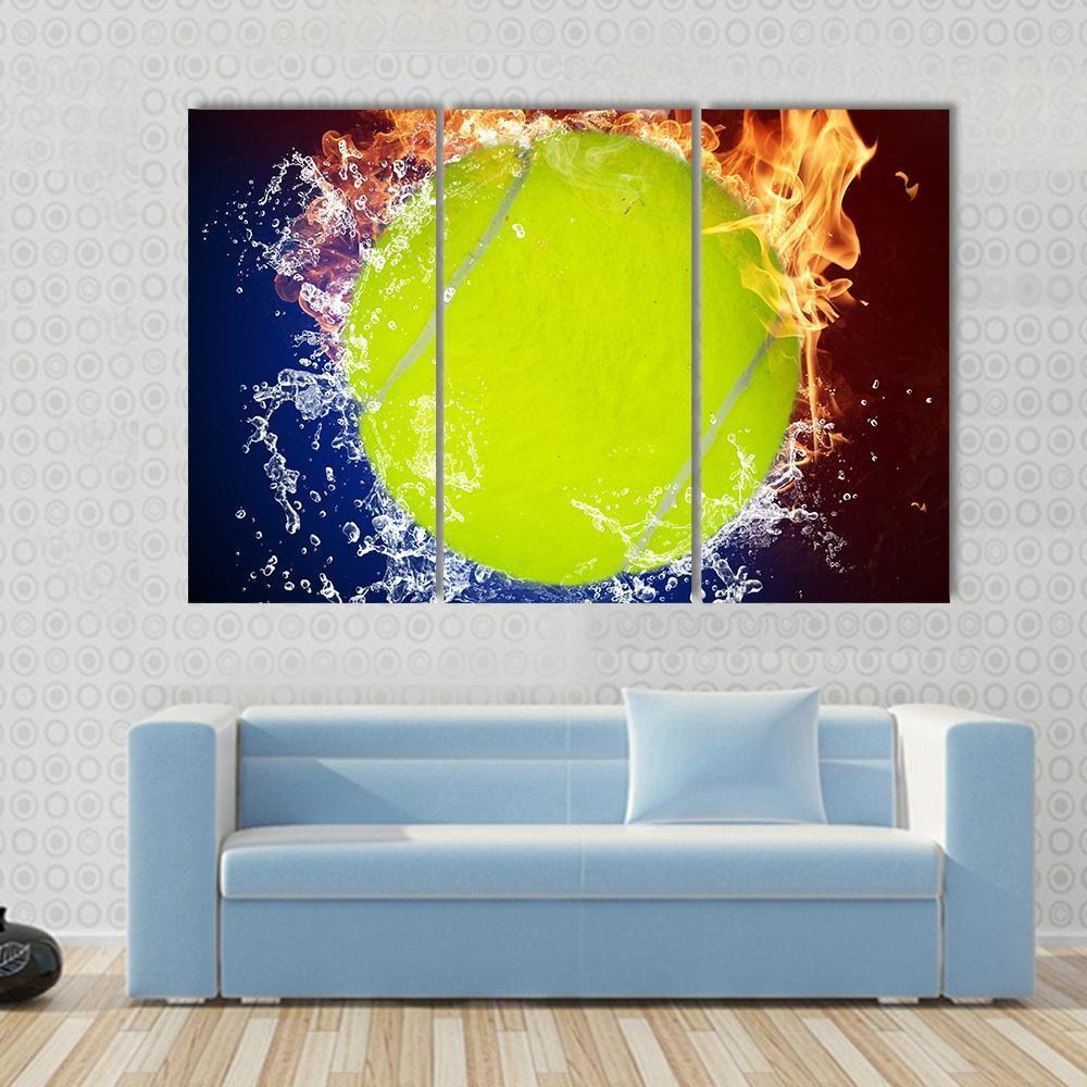 Tennis Ball In Fire Flames And Splashing Water Canvas Wall Art-3 Horizontal-Gallery Wrap-37" x 24"-Tiaracle