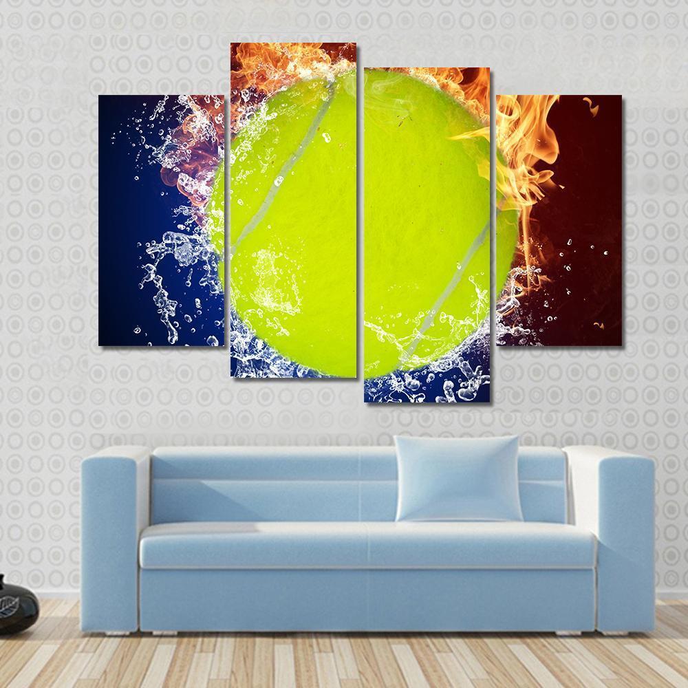 Tennis Ball In Fire Flames And Splashing Water Canvas Wall Art-4 Pop-Gallery Wrap-50" x 32"-Tiaracle