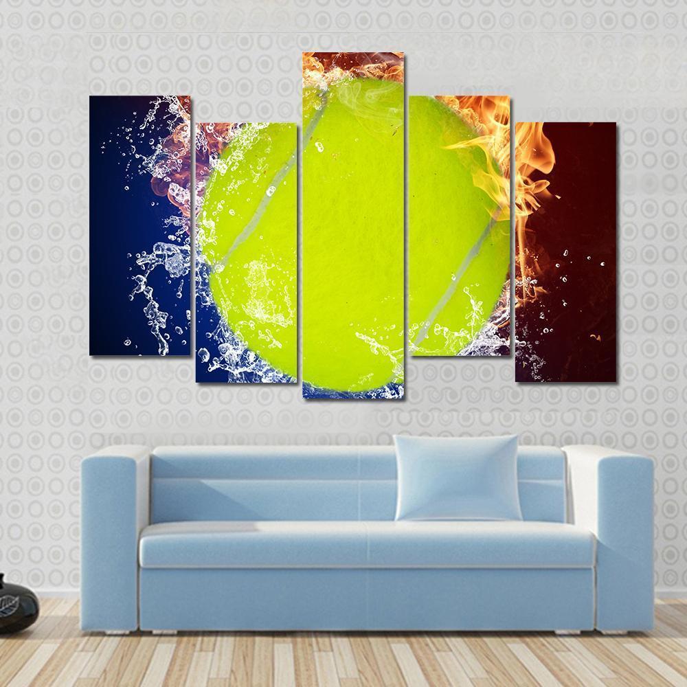 Tennis Ball In Fire Flames And Splashing Water Canvas Wall Art-5 Pop-Gallery Wrap-47" x 32"-Tiaracle