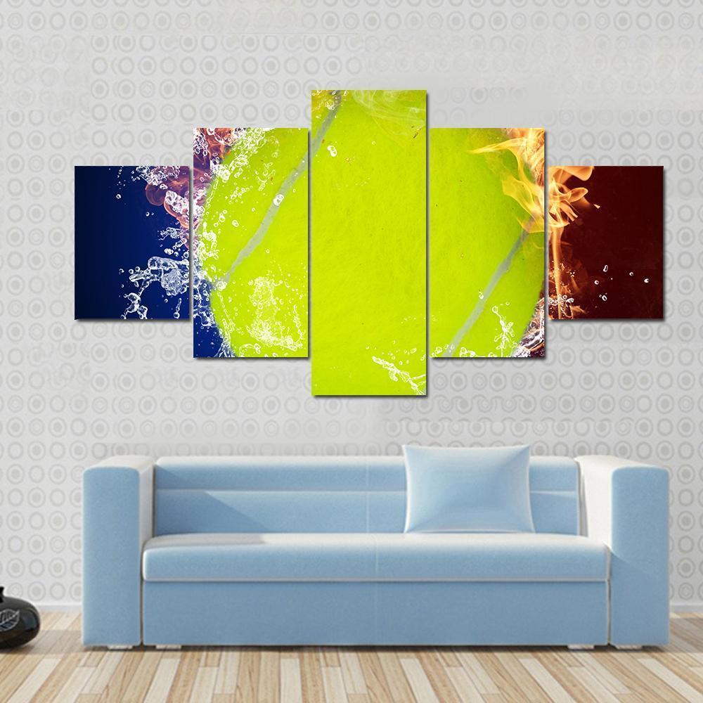 Tennis Ball In Fire Flames And Splashing Water Canvas Wall Art-5 Star-Gallery Wrap-62" x 32"-Tiaracle