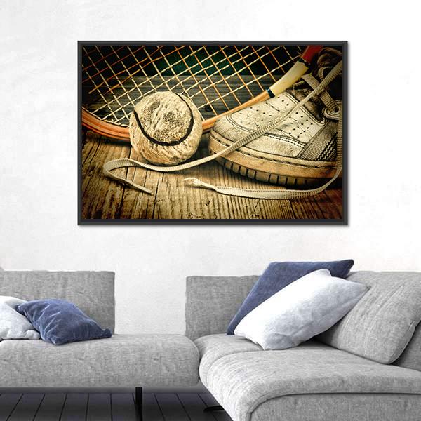 Tennis Ball & Racket With Sneakers Canvas Wall Art-1 Piece-Floating Frame-24" x 16"-Tiaracle