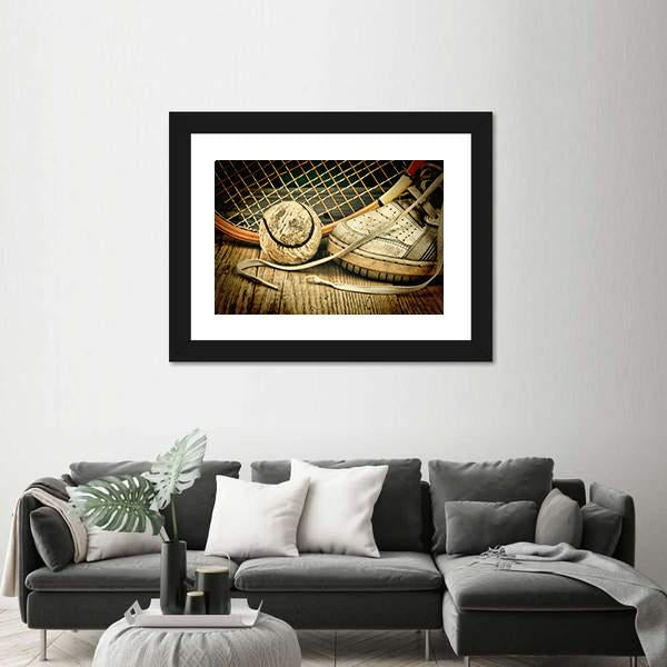 Tennis Ball & Racket With Sneakers Canvas Wall Art-1 Piece-Framed Print-20" x 16"-Tiaracle