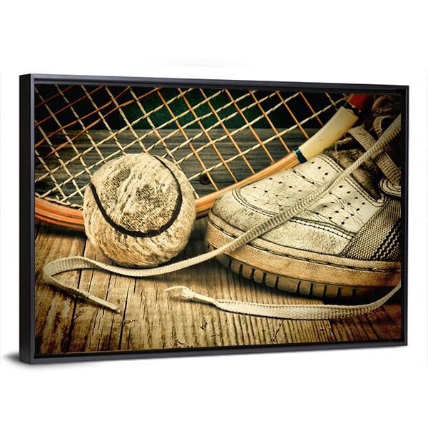 Tennis Ball & Racket With Sneakers Canvas Wall Art-3 Horizontal-Gallery Wrap-25" x 16"-Tiaracle