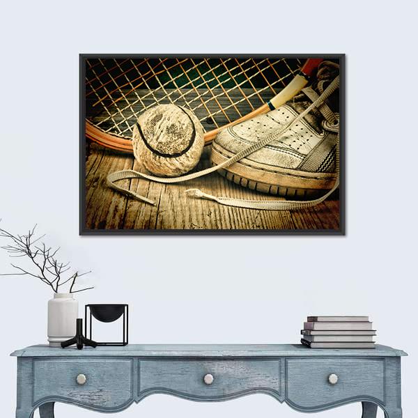 Tennis Ball & Racket With Sneakers Canvas Wall Art-3 Horizontal-Gallery Wrap-25" x 16"-Tiaracle