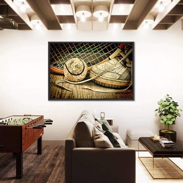 Tennis Ball & Racket With Sneakers Canvas Wall Art-3 Horizontal-Gallery Wrap-25" x 16"-Tiaracle