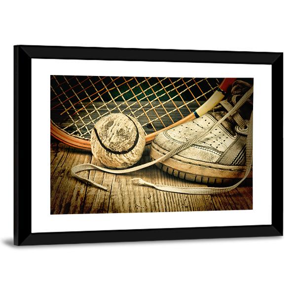 Tennis Ball & Racket With Sneakers Canvas Wall Art-3 Horizontal-Gallery Wrap-25" x 16"-Tiaracle