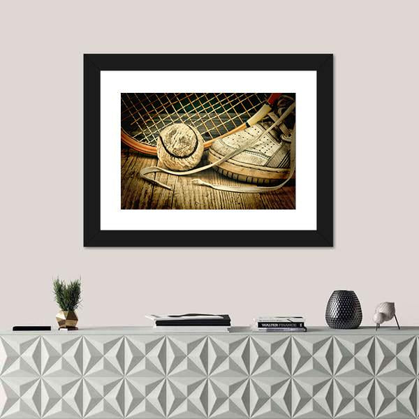 Tennis Ball & Racket With Sneakers Canvas Wall Art-3 Horizontal-Gallery Wrap-25" x 16"-Tiaracle