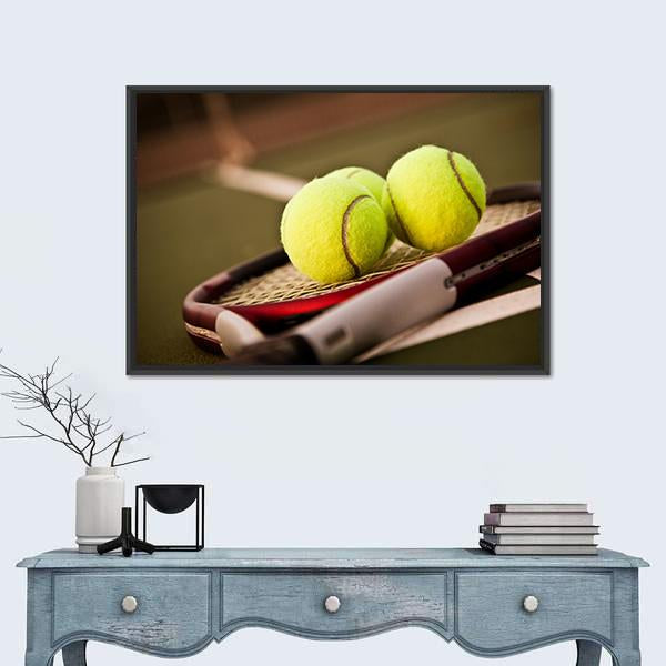 Tennis Balls On Racket Canvas Wall Art-3 Horizontal-Gallery Wrap-25" x 16"-Tiaracle