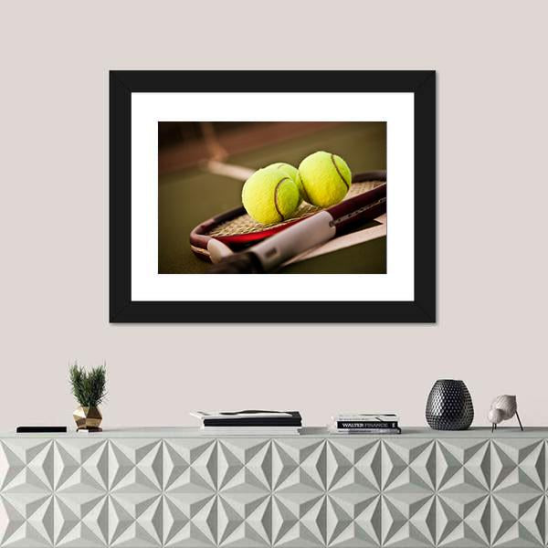 Tennis Balls On Racket Canvas Wall Art-3 Horizontal-Gallery Wrap-25" x 16"-Tiaracle