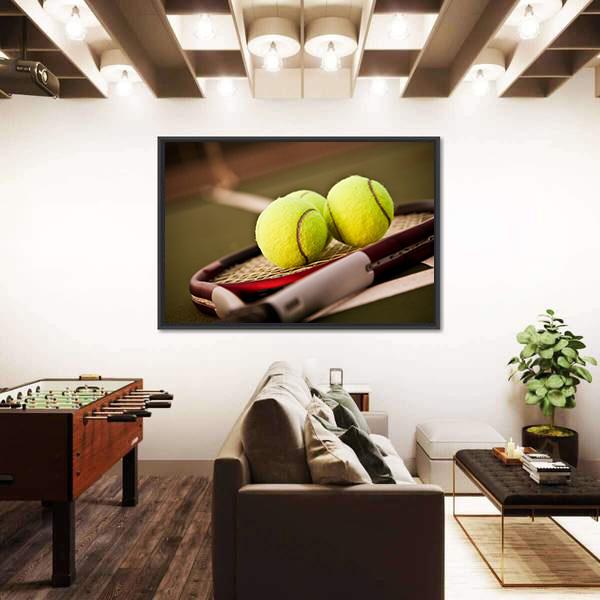 Tennis Balls On Racket Canvas Wall Art-3 Horizontal-Gallery Wrap-25" x 16"-Tiaracle