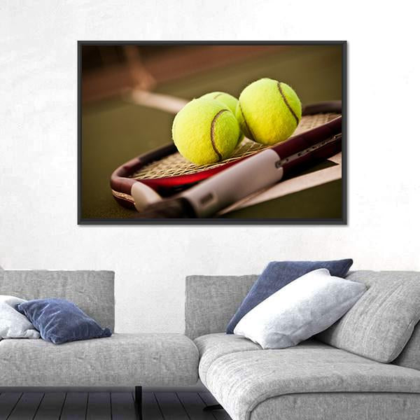 Tennis Balls On Racket Canvas Wall Art-1 Piece-Floating Frame-24" x 16"-Tiaracle