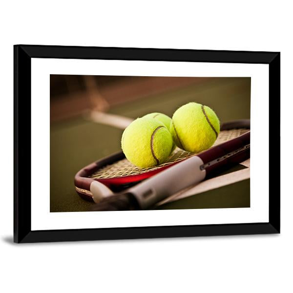 Tennis Balls On Racket Canvas Wall Art-3 Horizontal-Gallery Wrap-25" x 16"-Tiaracle