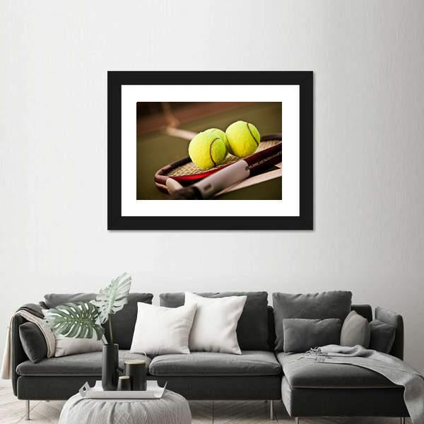 Tennis Balls On Racket Canvas Wall Art-1 Piece-Framed Print-20" x 16"-Tiaracle