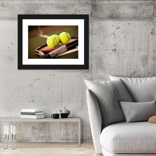 Tennis Balls On Racket Canvas Wall Art-3 Horizontal-Gallery Wrap-25" x 16"-Tiaracle