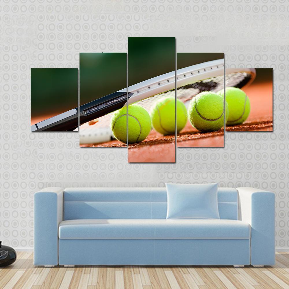 Tennis Racket & Balls Canvas Wall Art-5 Star-Gallery Wrap-62" x 32"-Tiaracle