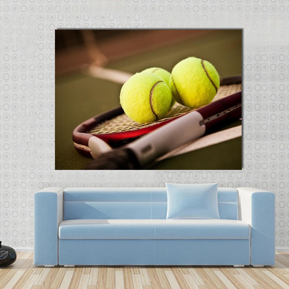 Tennis Balls On Racket Canvas Wall Art-1 Piece-Gallery Wrap-48" x 32"-Tiaracle