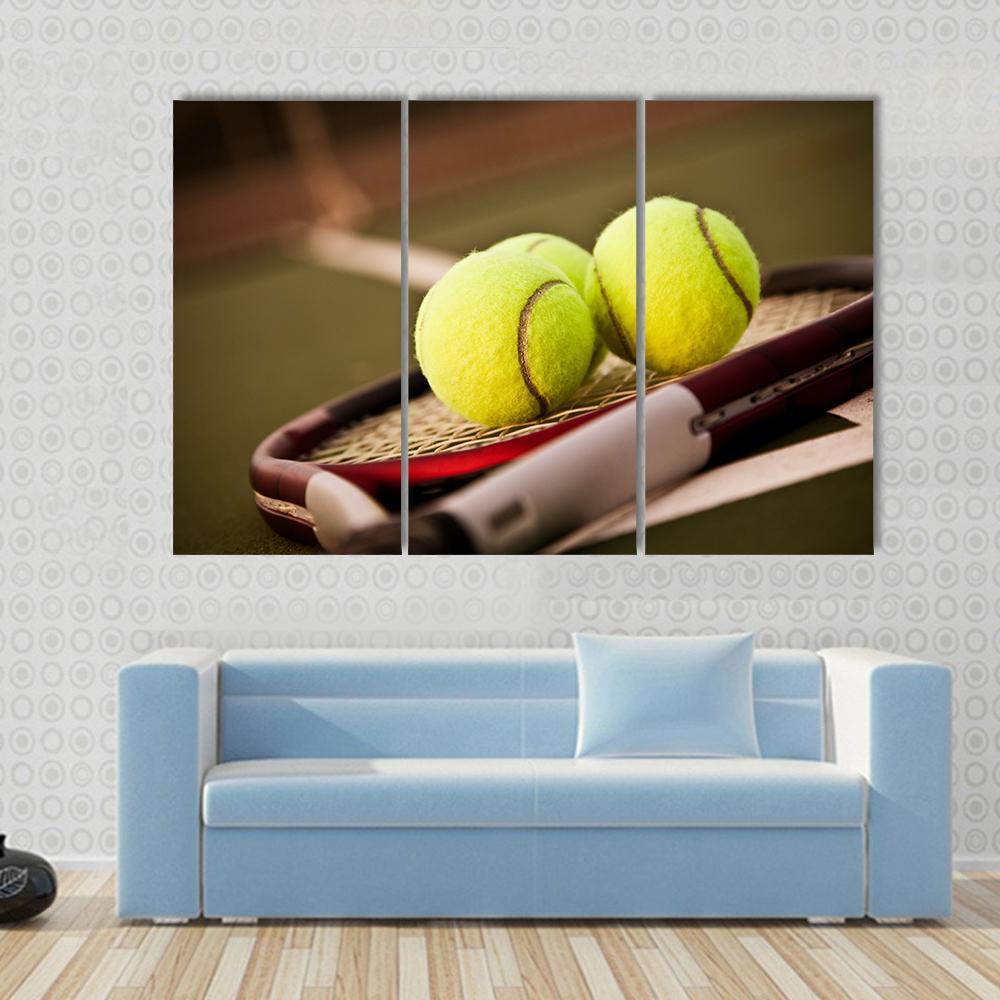 Tennis Balls On Racket Canvas Wall Art-3 Horizontal-Gallery Wrap-37" x 24"-Tiaracle