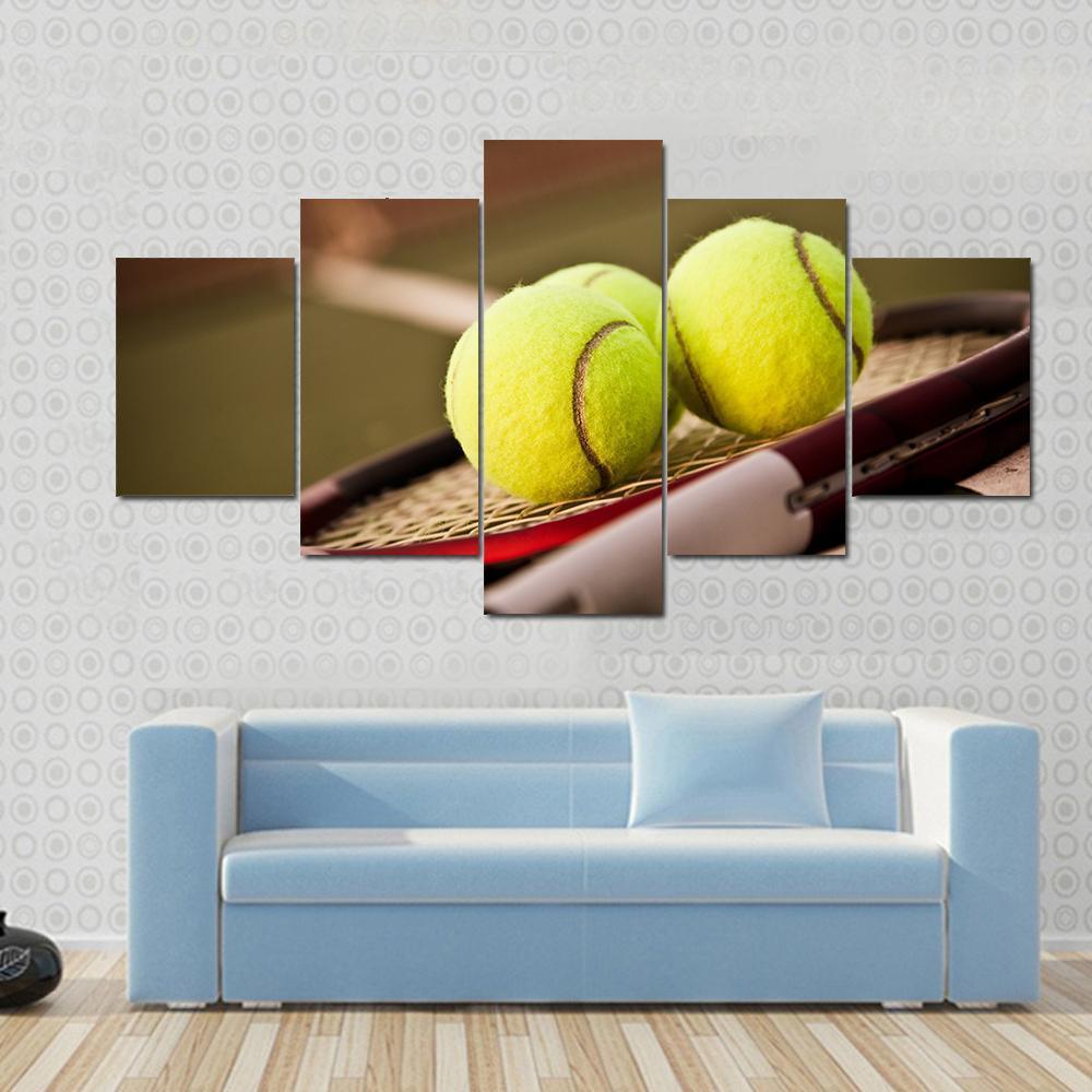 Tennis Balls On Racket Canvas Wall Art-5 Star-Gallery Wrap-62" x 32"-Tiaracle