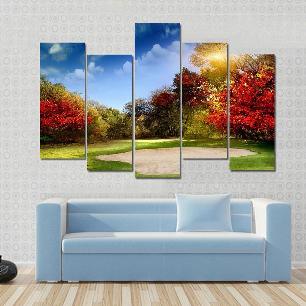 Golf Course In Autumn Canvas Wall Art-5 Pop-Gallery Wrap-47" x 32"-Tiaracle