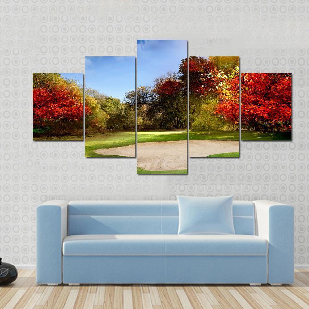 Golf Course In Autumn Canvas Wall Art-5 Star-Gallery Wrap-62" x 32"-Tiaracle