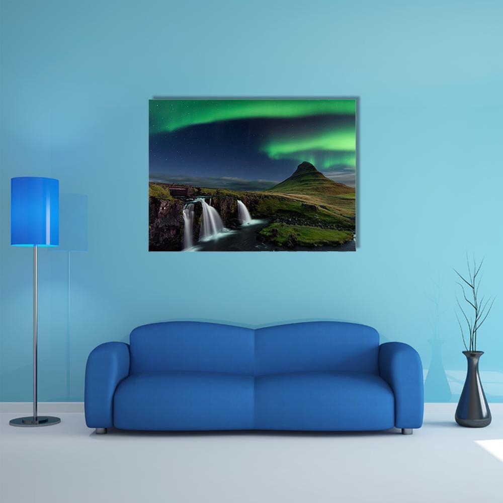 Northern Light At Mountain Canvas Wall Art-1 Piece-Gallery Wrap-48" x 32"-Tiaracle