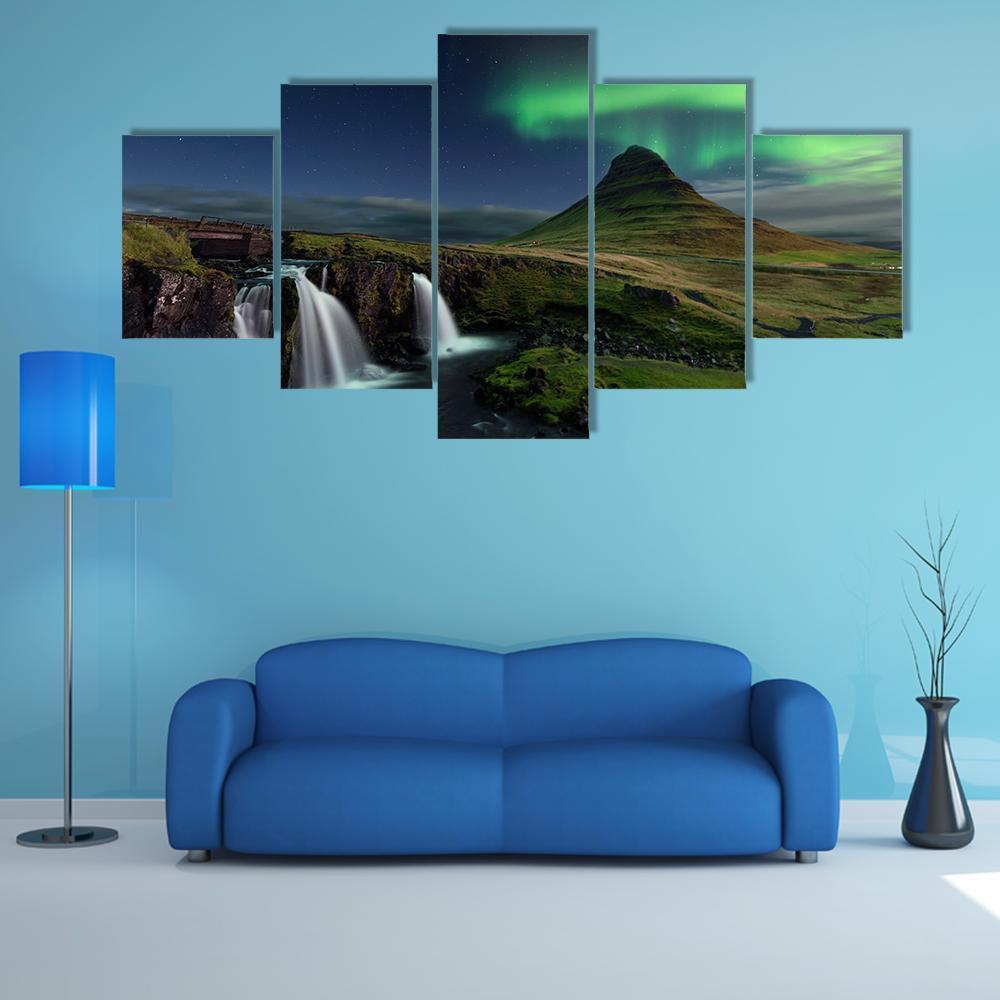 Northern Light At Mountain Canvas Wall Art-5 Star-Gallery Wrap-62" x 32"-Tiaracle