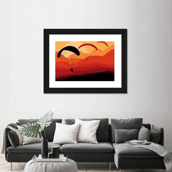 Three Paragliders Over Mountains Canvas Wall Art-1 Piece-Framed Print-20" x 16"-Tiaracle