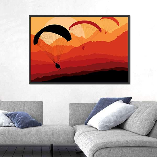 Three Paragliders Over Mountains Canvas Wall Art-1 Piece-Floating Frame-24" x 16"-Tiaracle