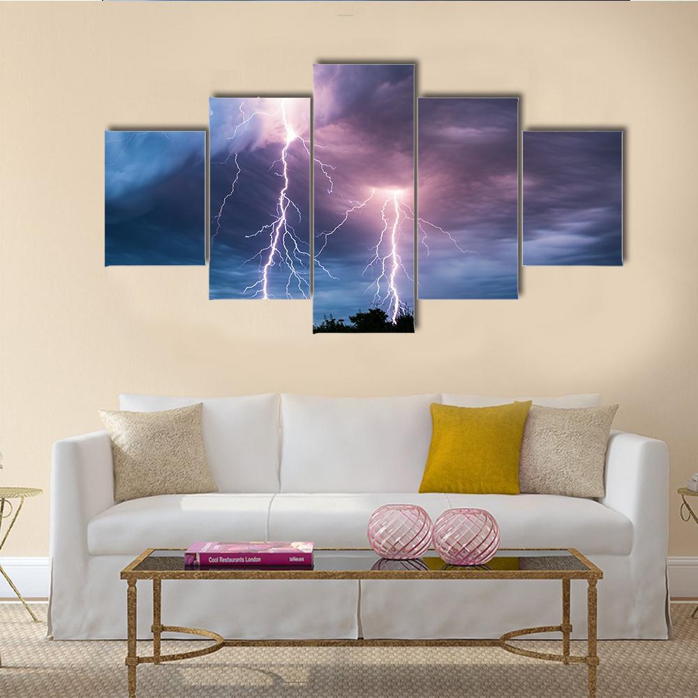 Thunder Lightning Canvas Wall Art-5 Star-Gallery Wrap-62" x 32"-Tiaracle